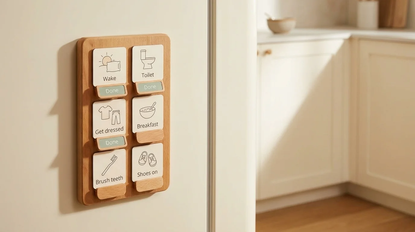 Wood schedule board on a wall: six picture cards in a 2x3 grid, sage Done flip-tabs visible on the first three