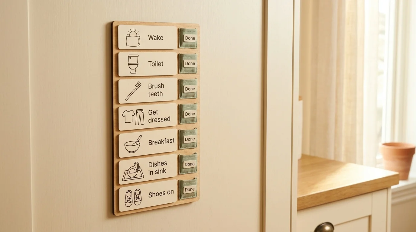 Seven-card morning life-skills schedule on a pantry door, each card paired with a sage Done velcro pocket