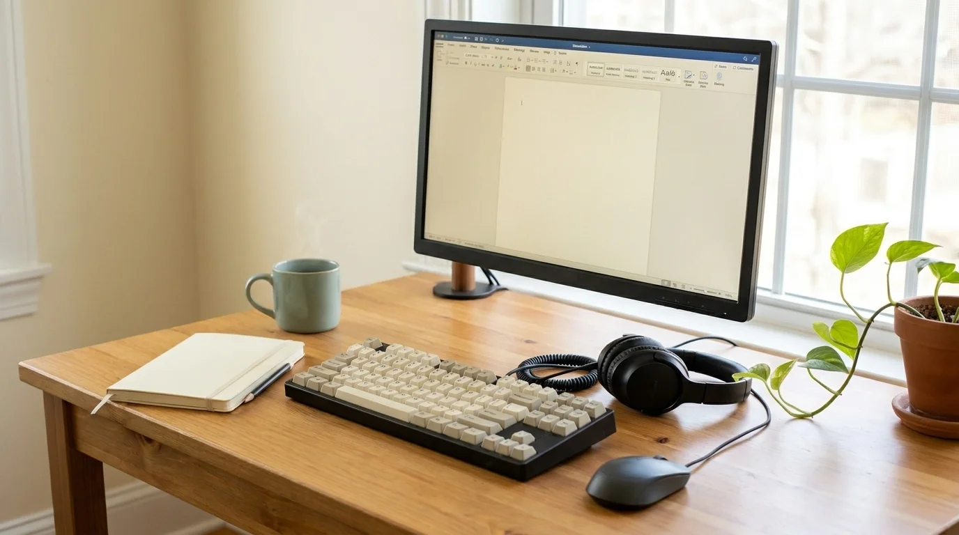 Low-sensory home office set up for remote jobs for autistic adults: single monitor, noise-cancelling headphones, plants, notebook