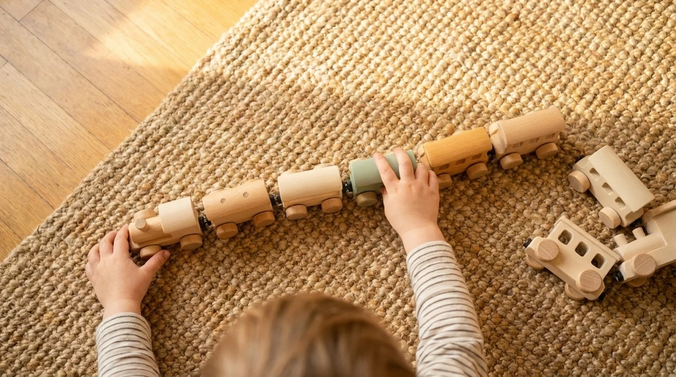 Overhead view of a child's small hands aligning wooden train cars in a single careful row on a jute rug