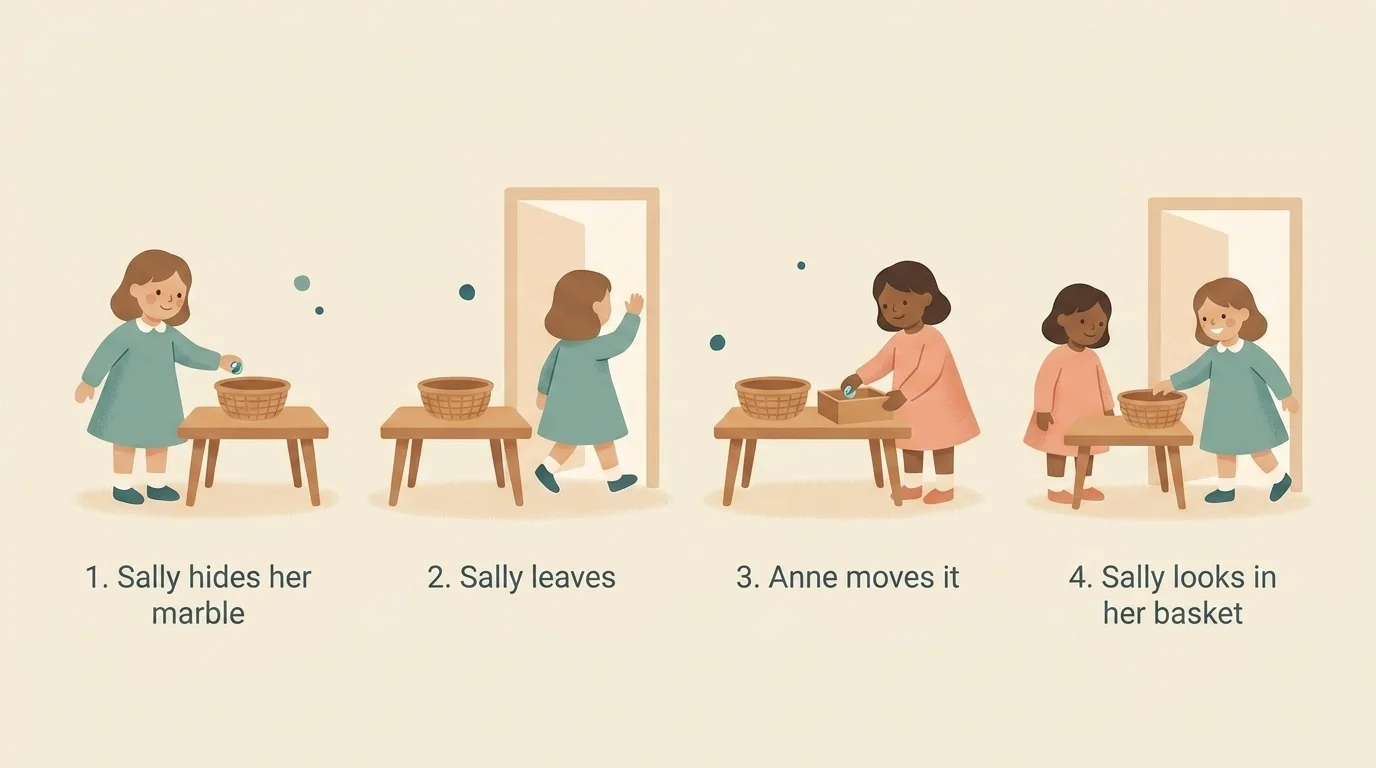 Four-panel Sally-Anne false-belief test: Sally hides a marble, leaves, Anne moves it, Sally returns to her basket