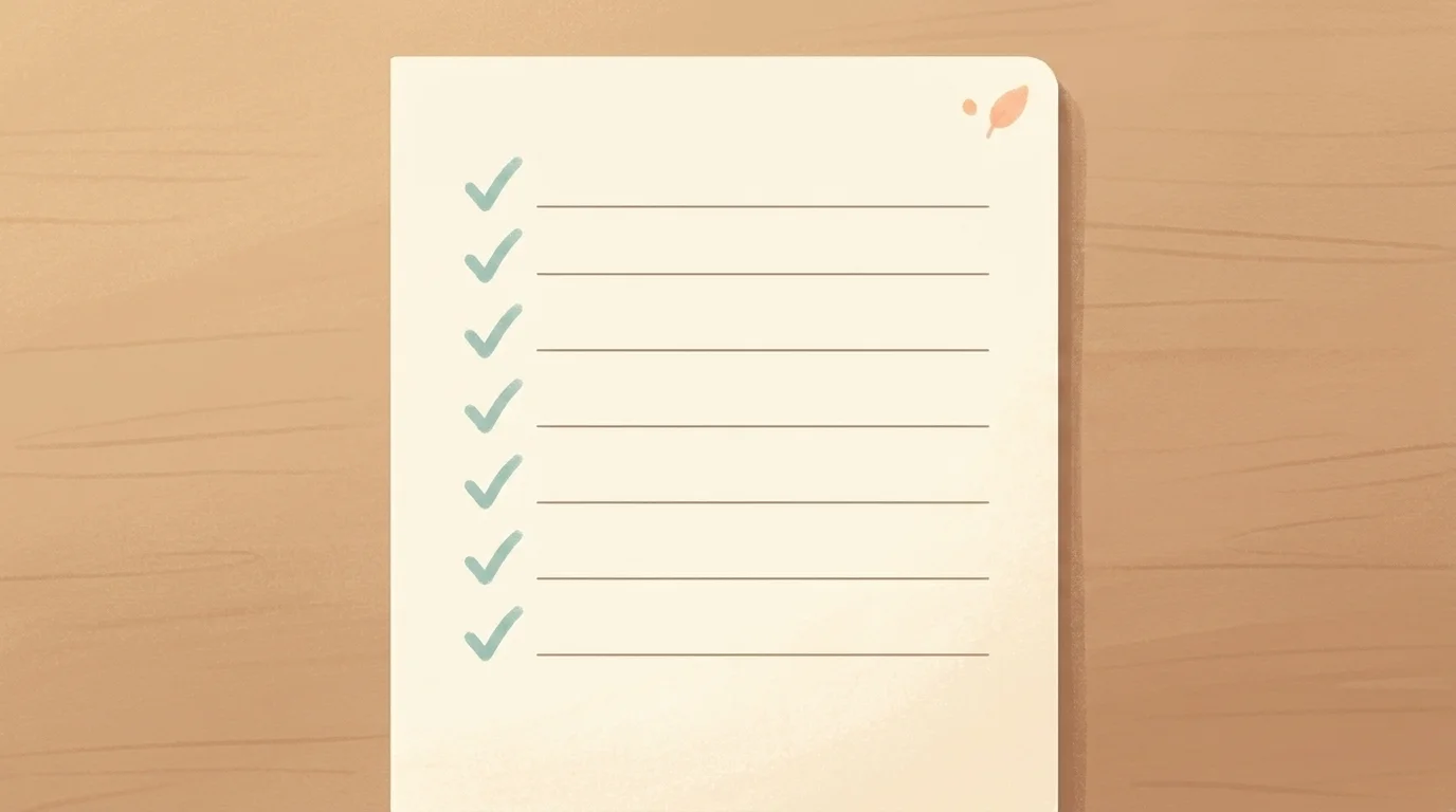 Calm blank self-reflection checklist on a warm notebook page with seven soft empty tick-lines, no clinical iconography