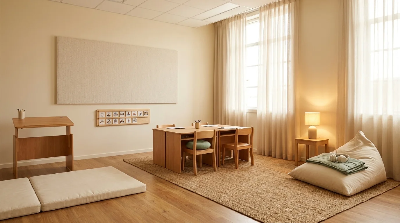 Inclusive classroom with paired desks, acoustic panel, beanbag with weighted blanket and sheer windows