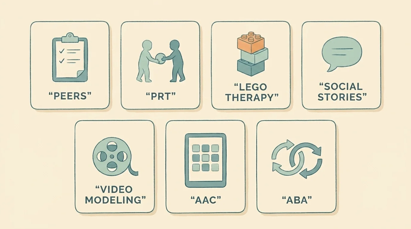 Seven-card icon glossary of named programs: PEERS, PRT, LEGO Therapy, Social Stories, Video Modeling, AAC, ABA