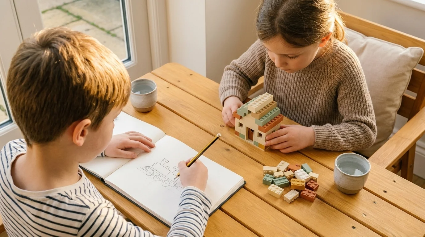 Two children at a wood table — one drawing a train in a sketchbook, the other building a model house from soft-toned bricks
