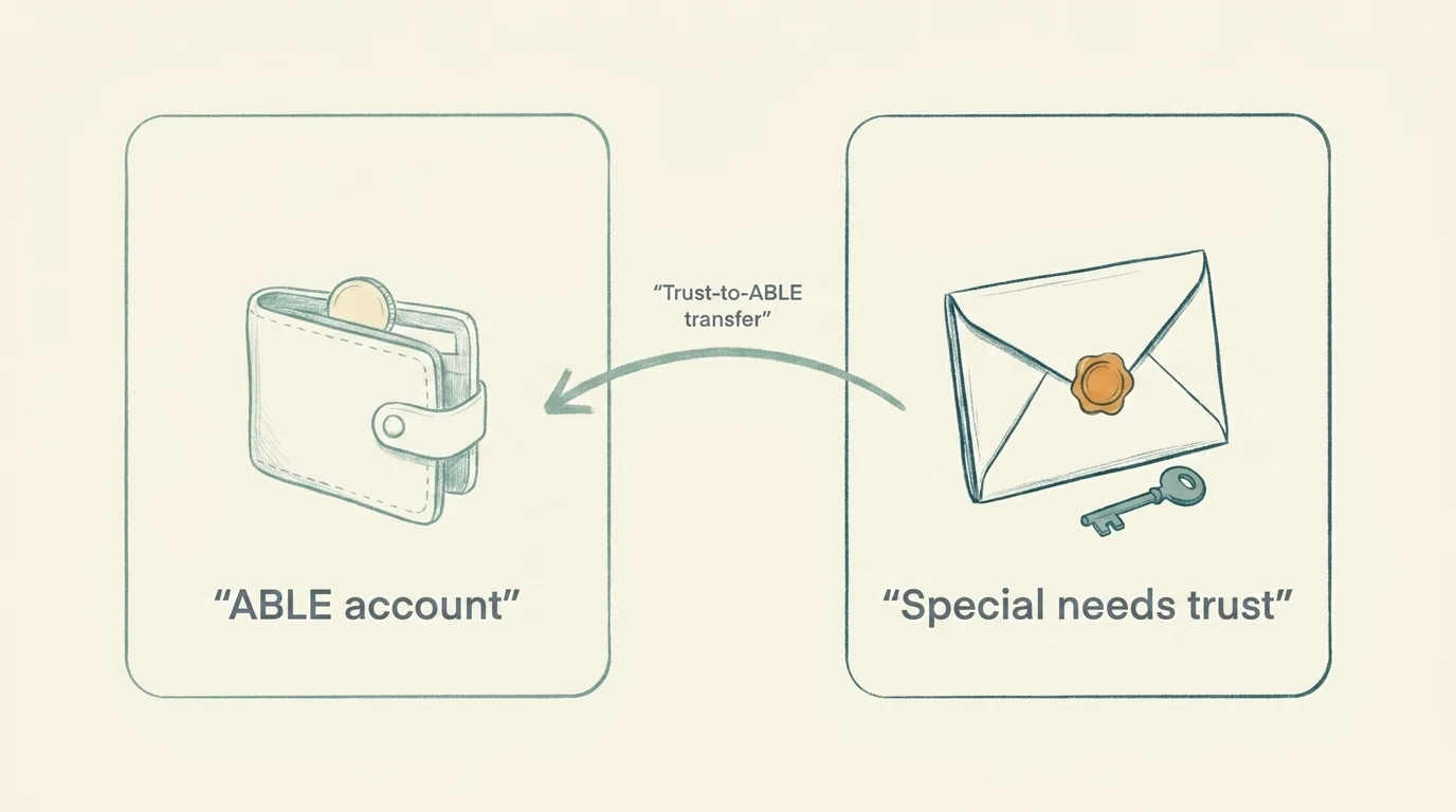Side-by-side containers comparing an ABLE account (wallet and coin) and a special needs trust (sealed document and key)