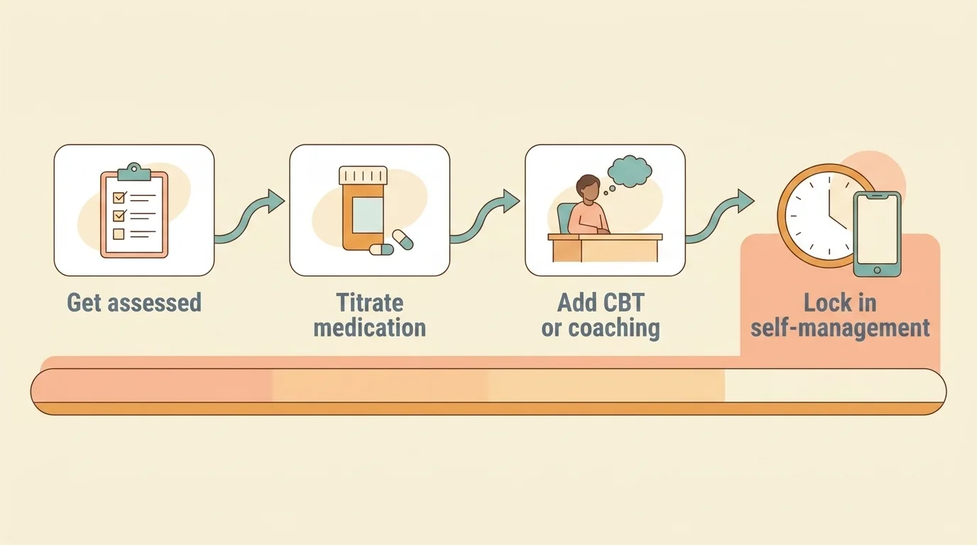 Four-stage pathway: get assessed, titrate medication, add CBT or coaching, then self-management as the base