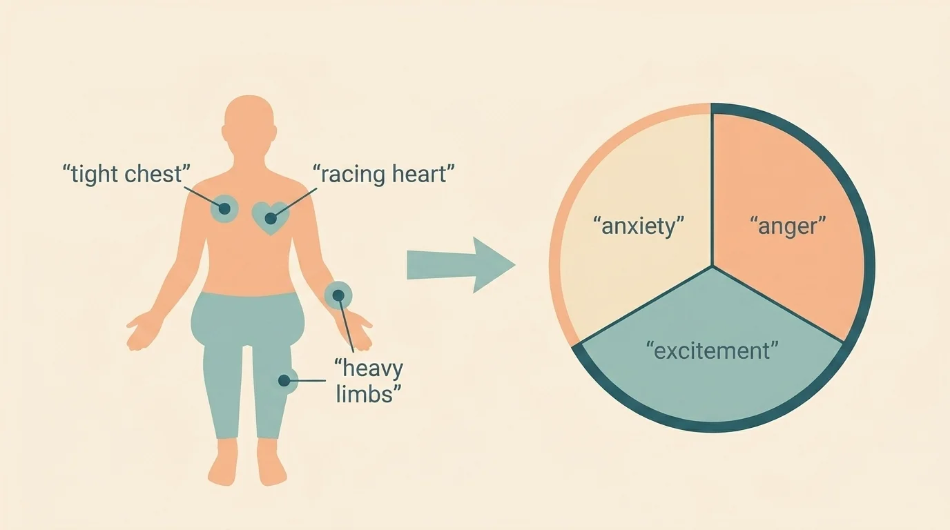 Body-to-emotion translation gap diagram — a silhouette with body sensations, an arrow, and an emotion wheel