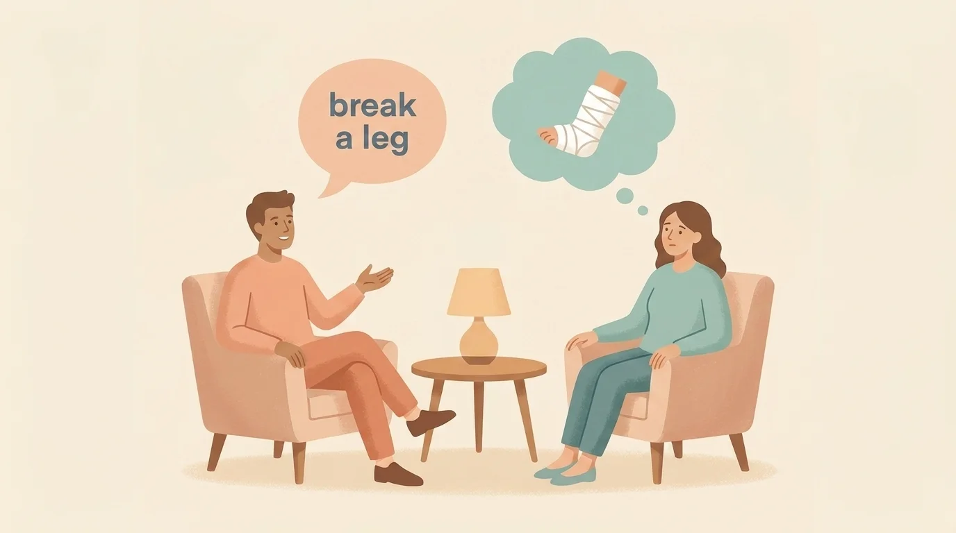 Two adults misreading each other over the idiom 'break a leg', shown as a literal bandaged-leg thought bubble