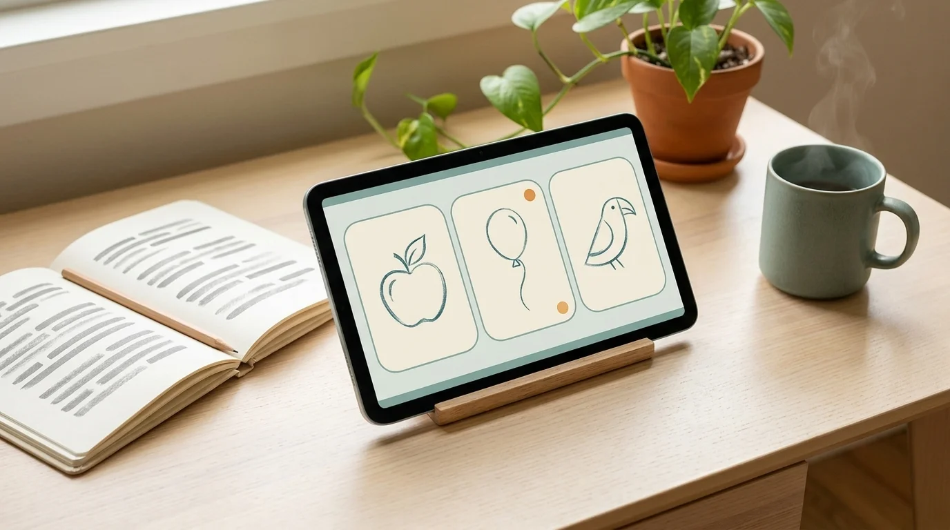 Adaptive-learning interface for ai in special education on a child's tablet with three large iconographic panels on a wooden desk