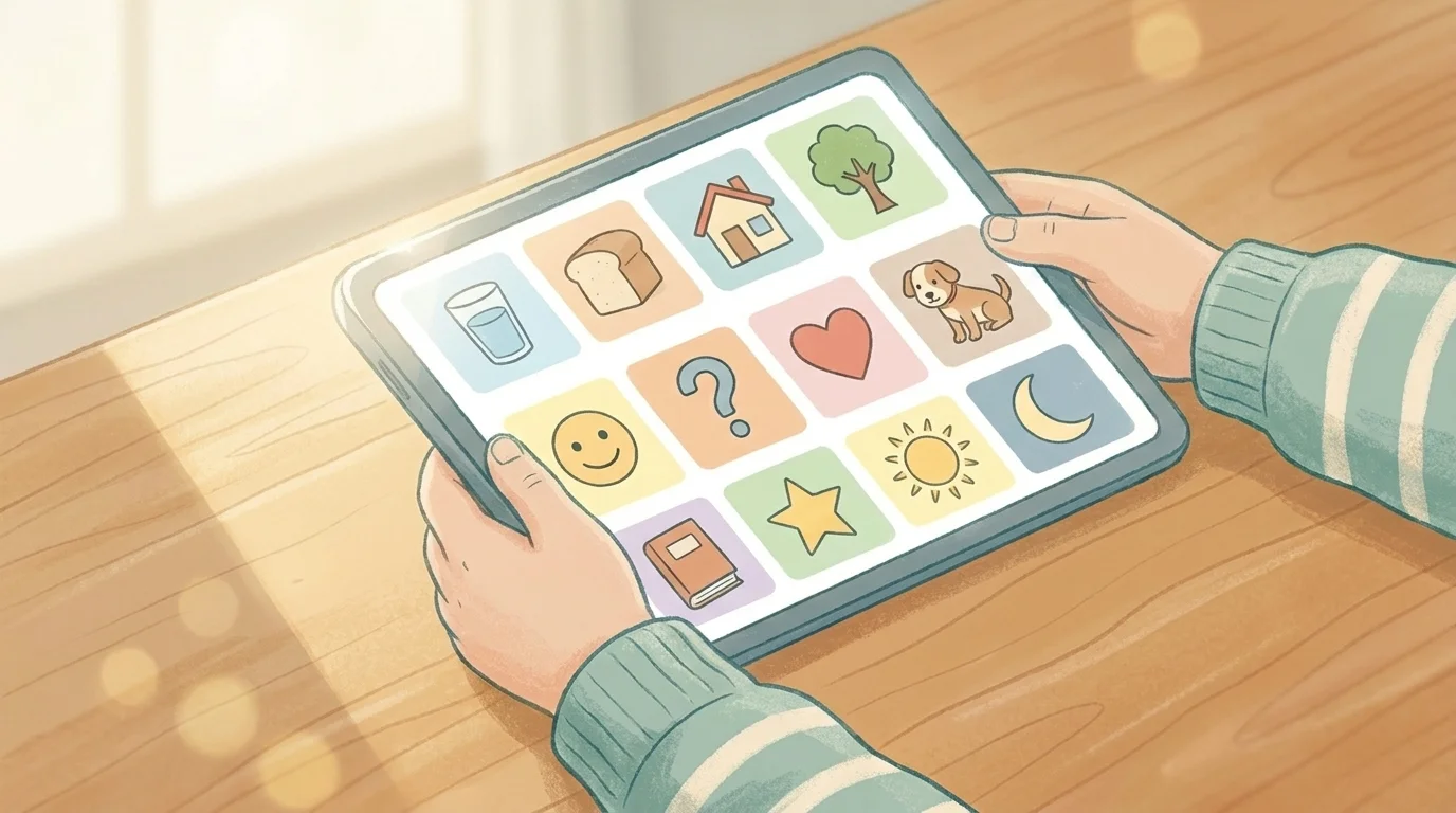 Child's hands holding a tablet with a colourful AAC picture grid of pastel symbols on a warm wood table in window light