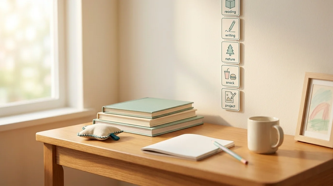 Child's home-school reading desk with stacked books, a sensory fidget, and a printed visual schedule pinned to the wall above