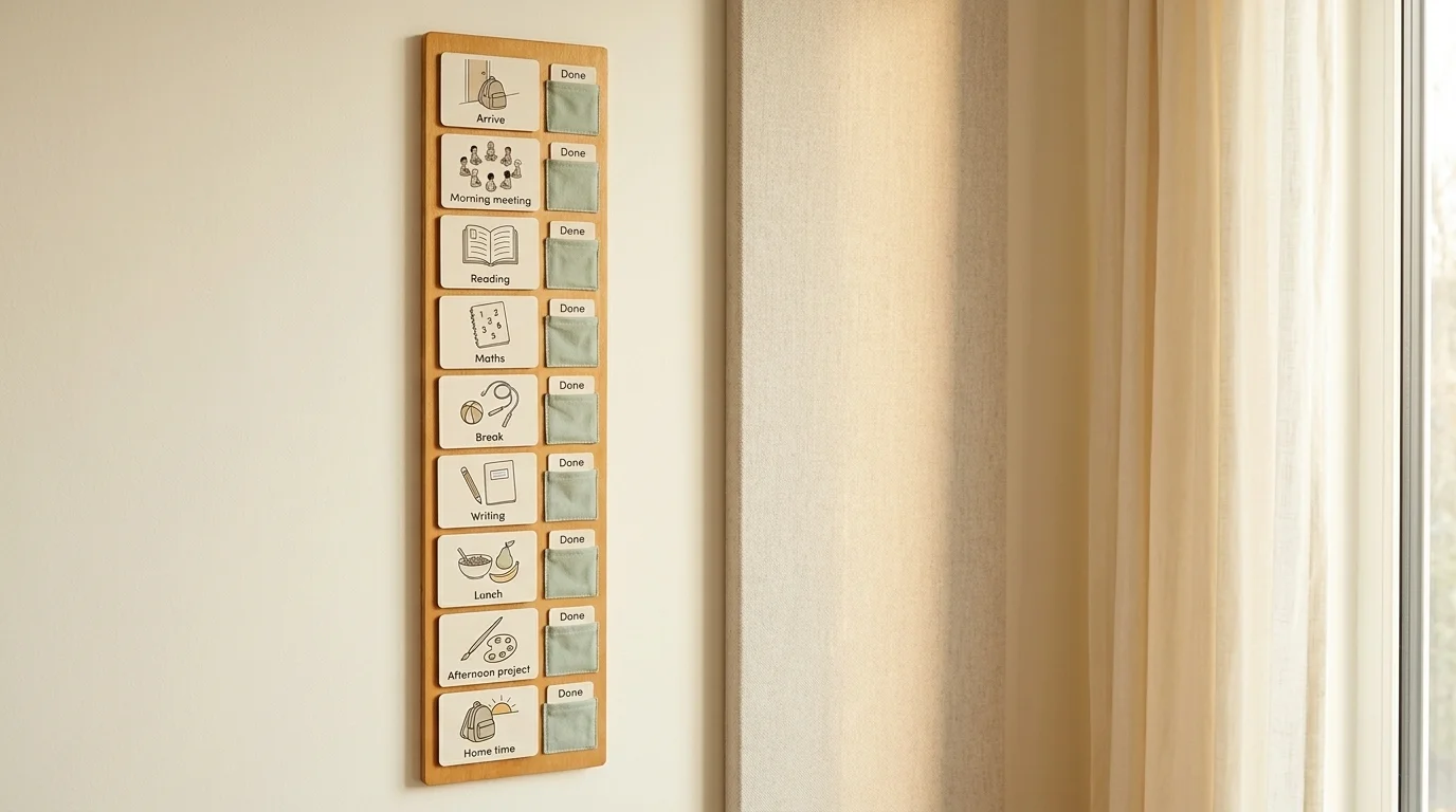 Nine-card full-day classroom schedule on a wood board with sage Done pockets — from Arrive through Home time