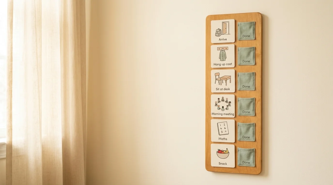 Morning schedule with six picture cards and sage Done pockets at child eye-height beside a sheer curtain