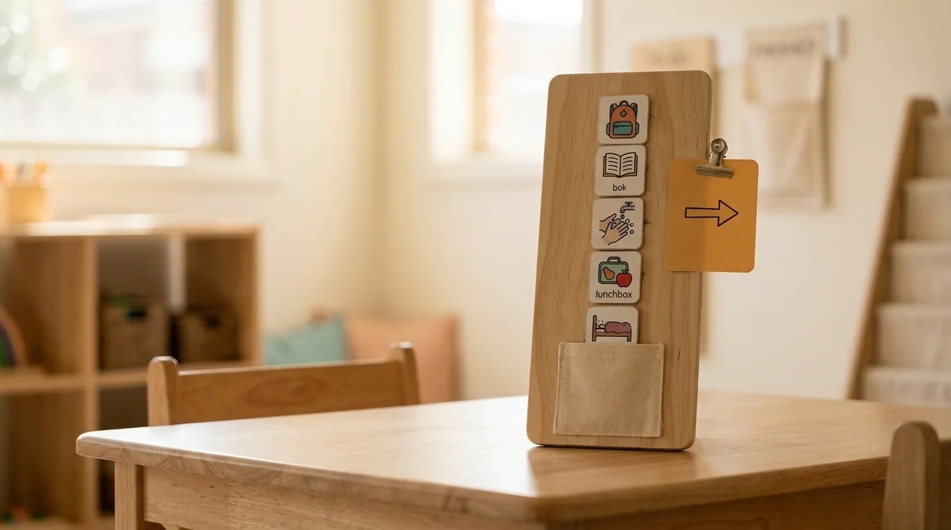 A completed vertical picture schedule on a desk with five icon cards, an all-done pocket, and a bright change card clipped on