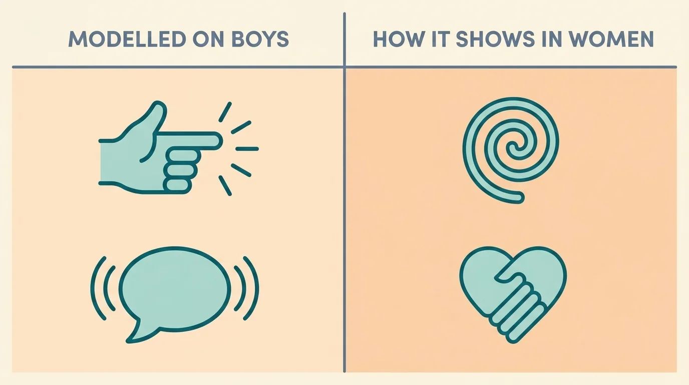 Two equal-weight columns contrasting autism criteria modelled on boys with how it internally presents in women