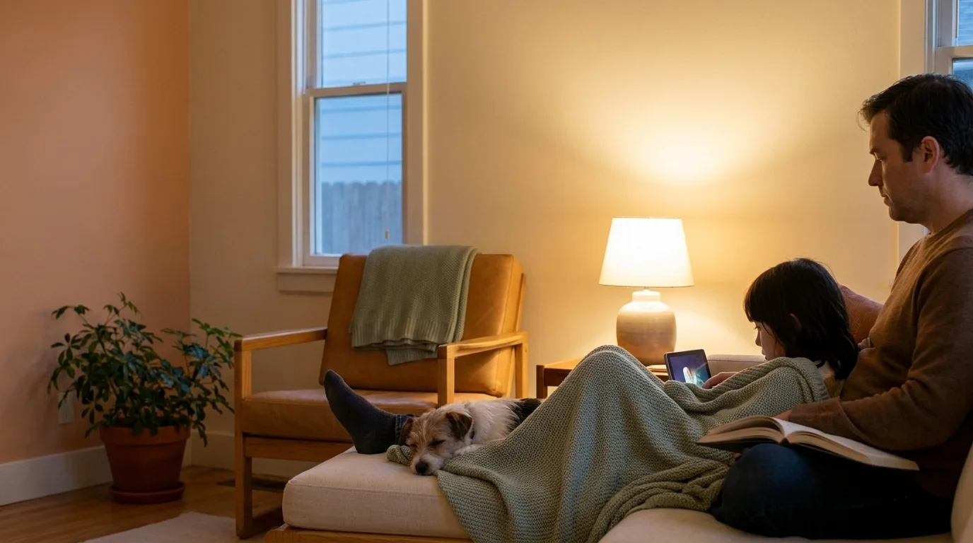 Autism family evening: an autistic child curled on a sofa under a soft blanket, parent reading nearby, small dog at her feet — the unobtrusive end-of-day calm