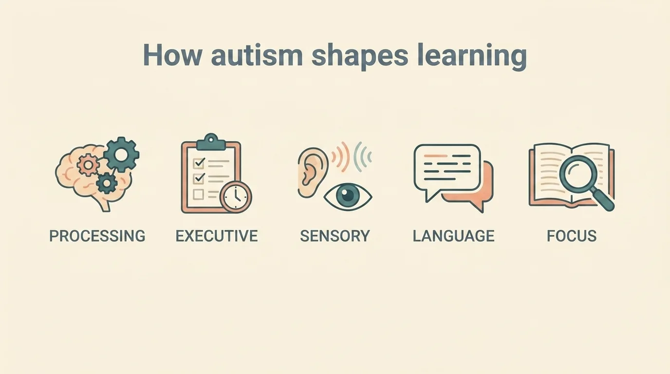 Row of five neutral icons for how autism shapes learning: processing, executive function, sensory, language and focus