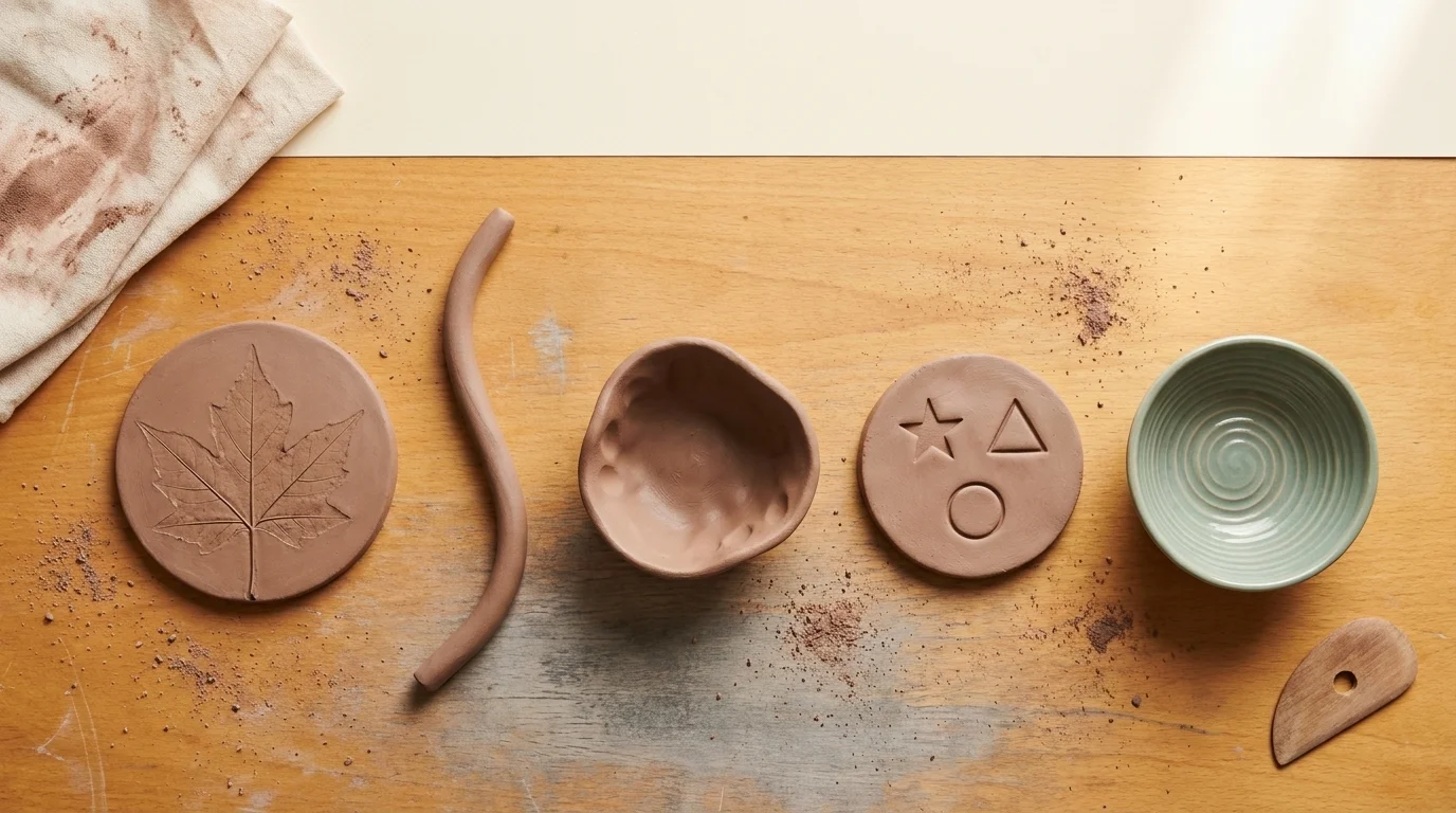 Flat-lay of five clay activities by stage — pressed leaf tile, coil, pinch-pot, stamped shapes tile, wheel-thrown bowl