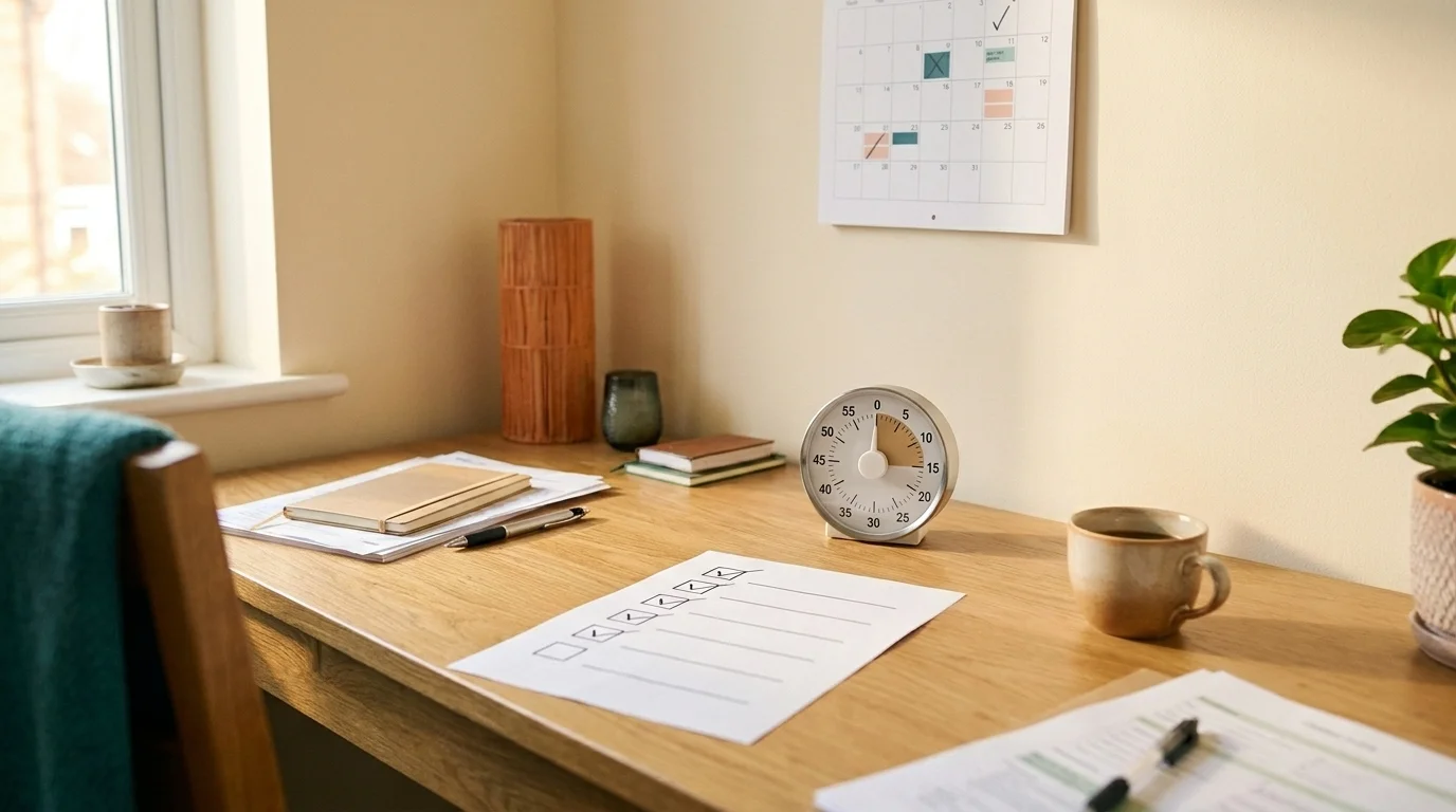 A lived-in home-office desk with a ticked paper checklist, a kitchen timer mid-count, a marked wall calendar and a coffee cup