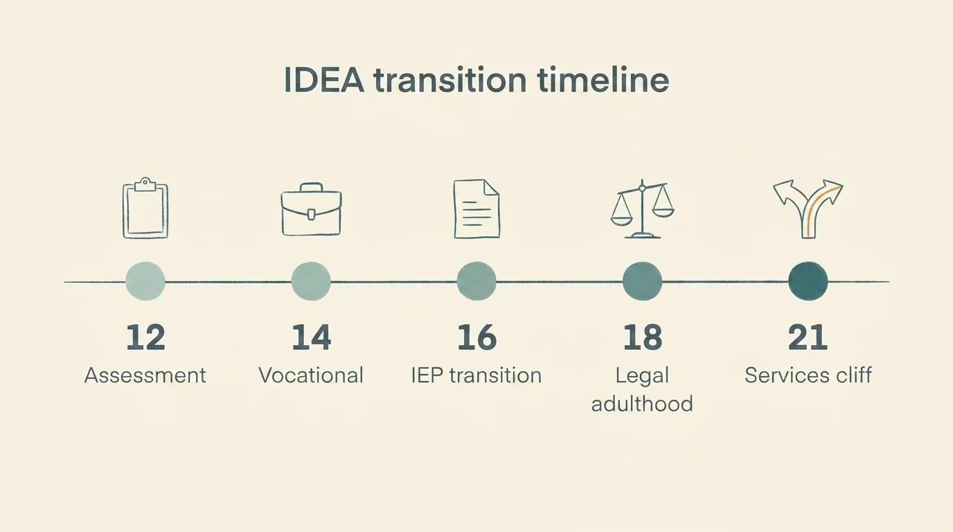 IDEA transition timeline with five age markers — 12 assessment, 14 vocational, 16 IEP transition, 18 legal, 21 cliff