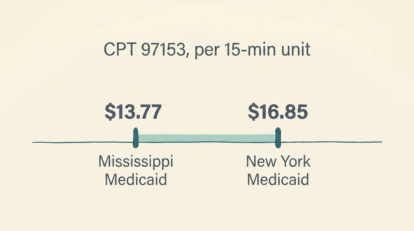 Range chart comparing CPT 97153 ABA Medicaid rates per 15-minute unit — New York at $16.85, Mississippi at $13.77