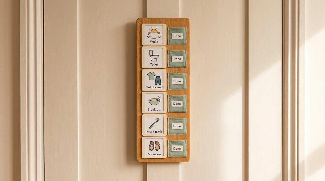 Wood-board morning schedule on a bedroom door — six picture cards and sage Done pockets at child eye-height
