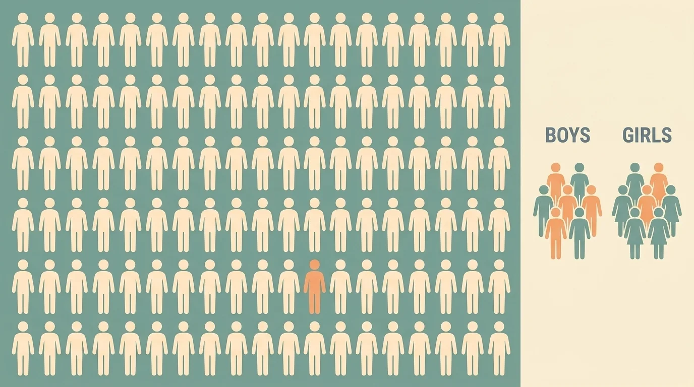 Field of equal figures with one highlighted, beside a boys cluster with more highlighted than the girls cluster next to it