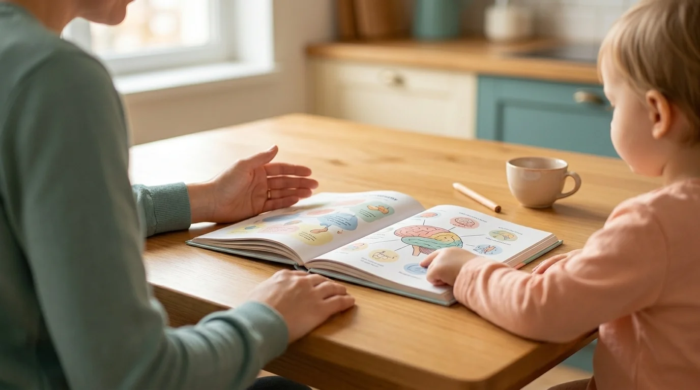 Parent and child seated together at a small kitchen table with a coloured open book between them in soft afternoon daylight