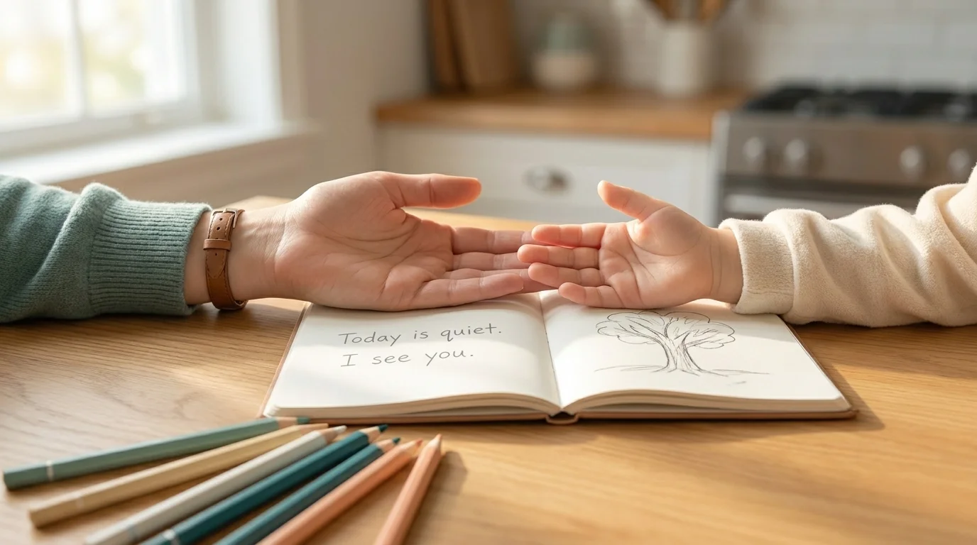 A parent's and child's hands together at a wooden kitchen table with a small notebook and coloured pencils in soft daylight