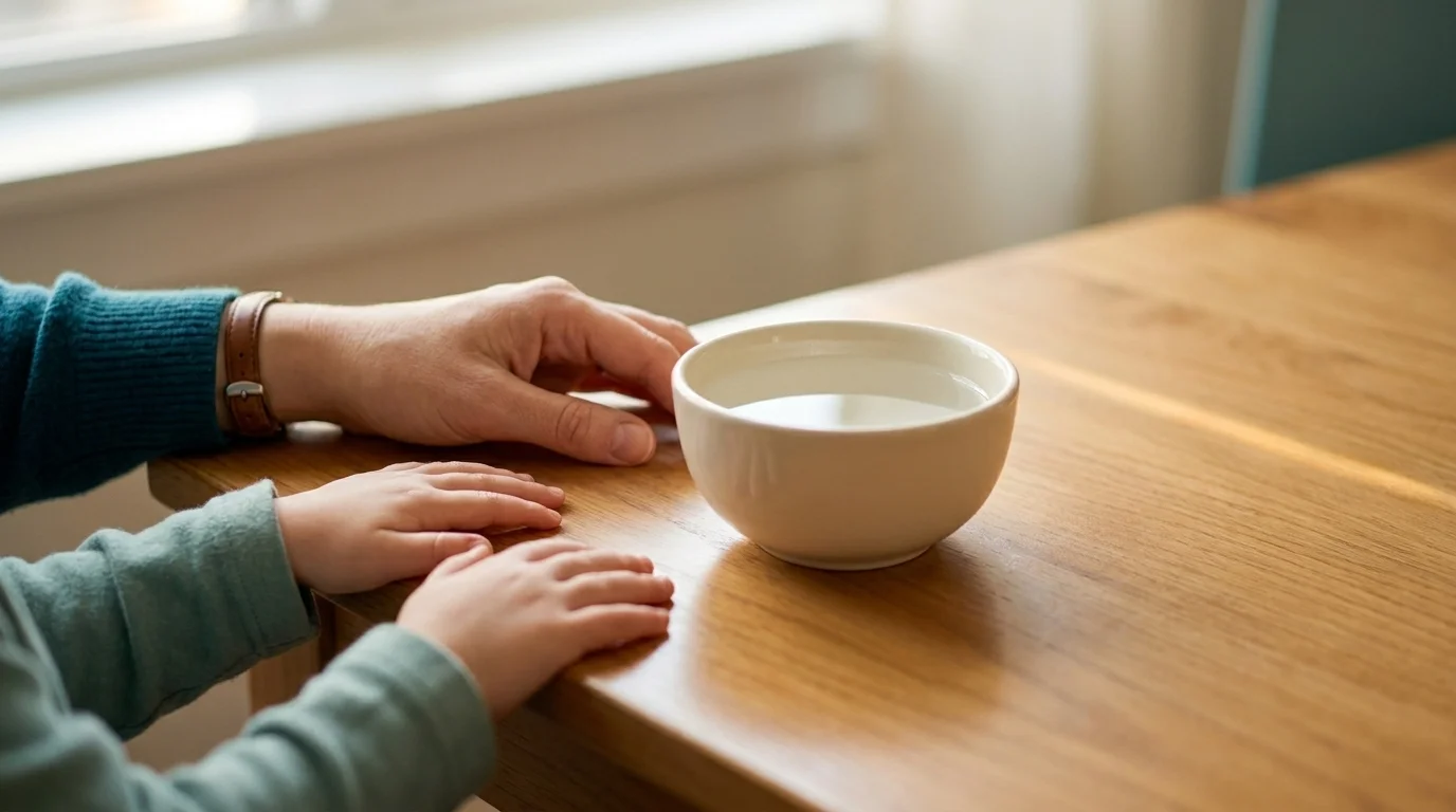 Parent's and child's hands resting beside a small bowl of water reflecting daylight from a window on a wooden table