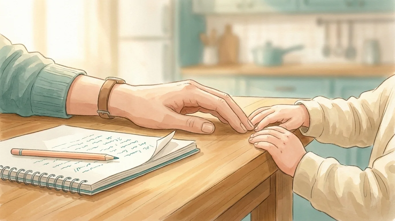Parent's and child's hands on a wooden table with a partly-open notebook and a coloured pencil between them in soft daylight