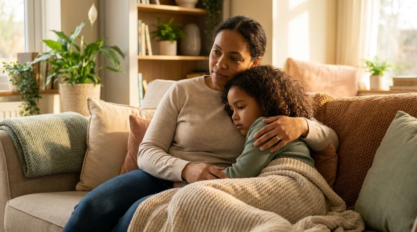 A parent sitting close on a sofa with a hand on their child's back, supporting them through a wave of anxiety at home