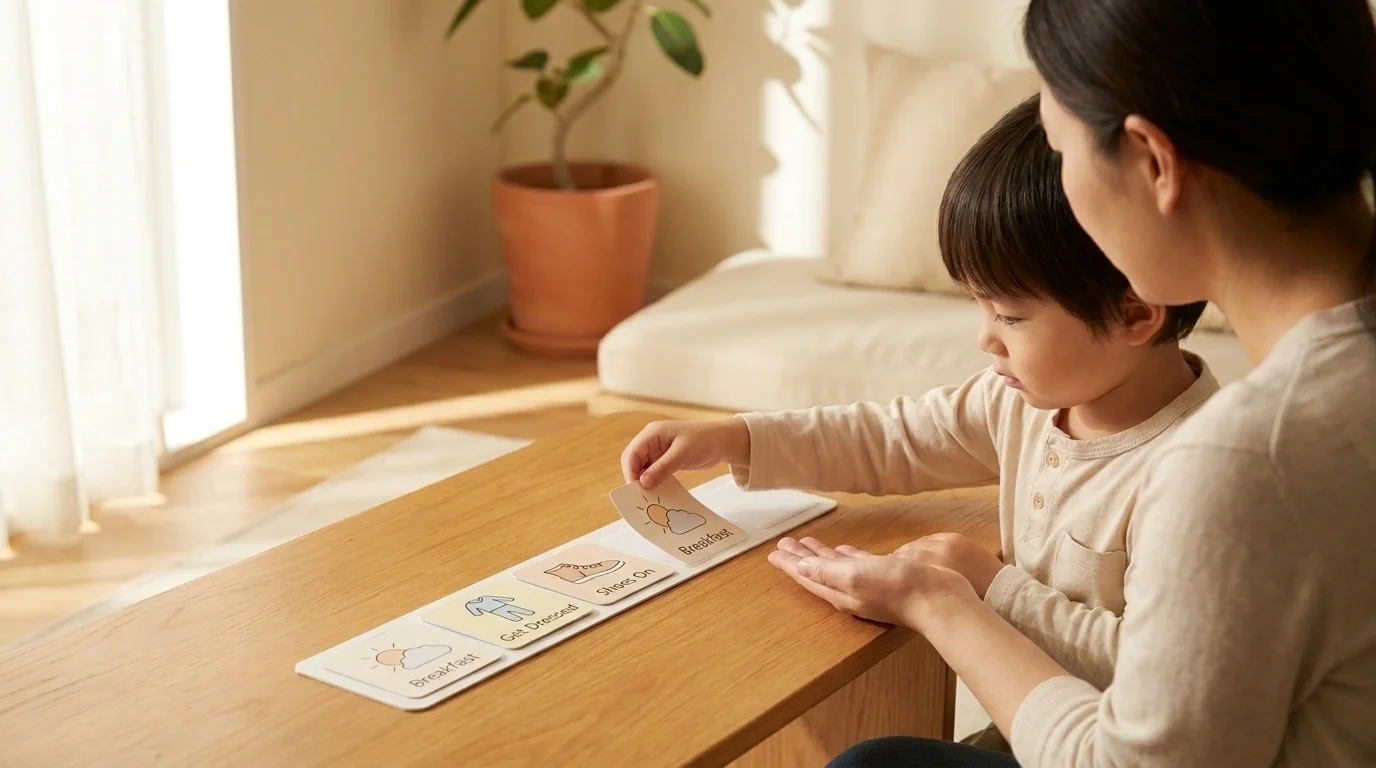 Mother kneels beside a young boy at a low table while he reaches to move a card on a horizontal visual schedule