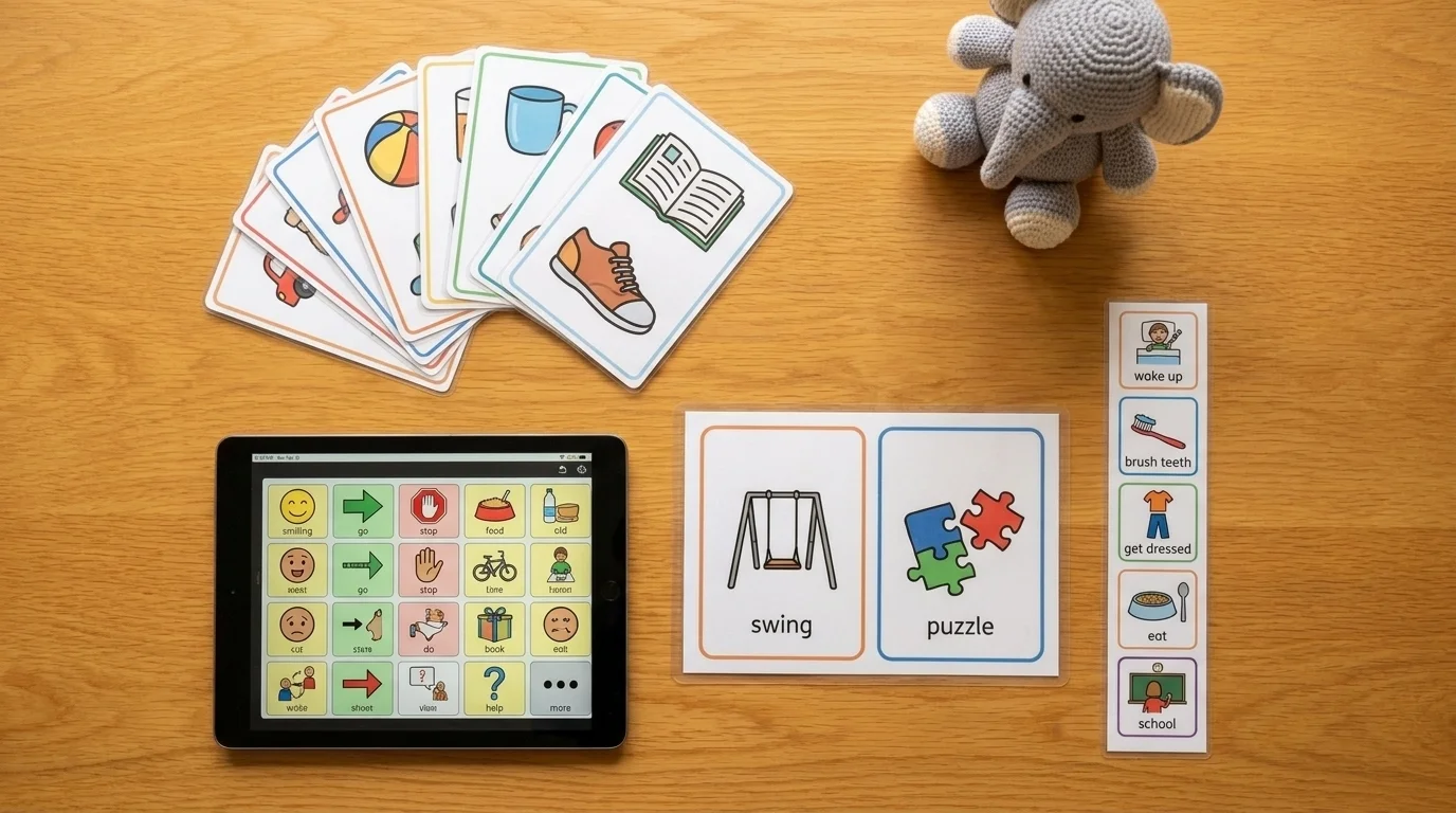 Flat lay of speech therapy tools: PECS picture cards, an AAC tablet, a laminated choice board and a picture schedule strip