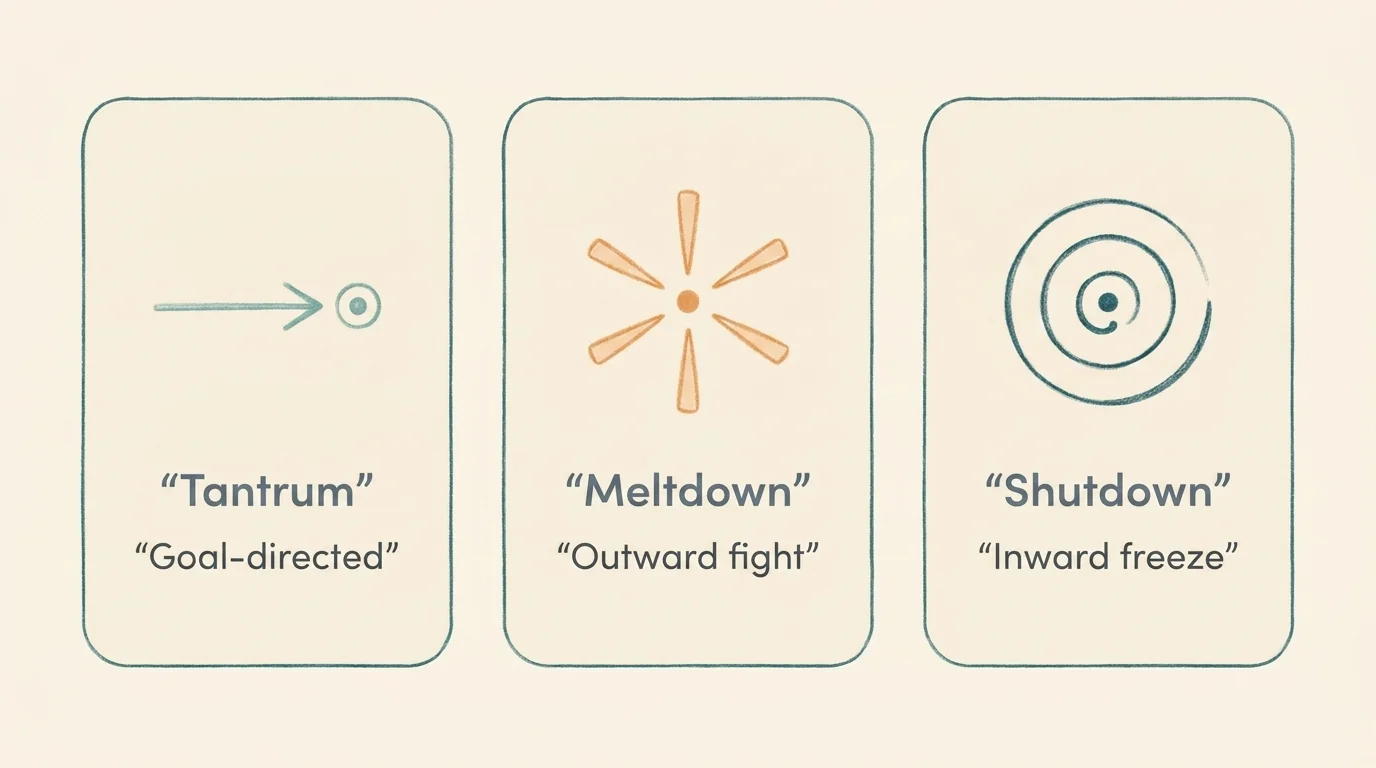 Three-column comparison with icons for tantrum (goal-directed arrow), meltdown (outward burst), and shutdown (inward spiral)