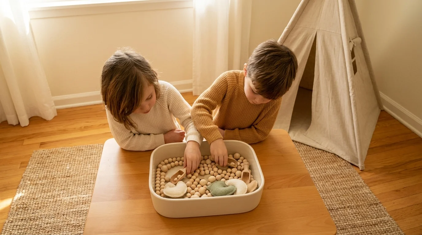 Two children at a low wood table reach into a shared sensory bin of pale wooden beads, a canvas A-frame tent in the corner