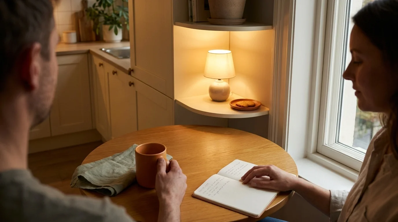 Two adults at a round kitchen table with an orange mug and an open notebook, a small lamp glowing on a corner shelf