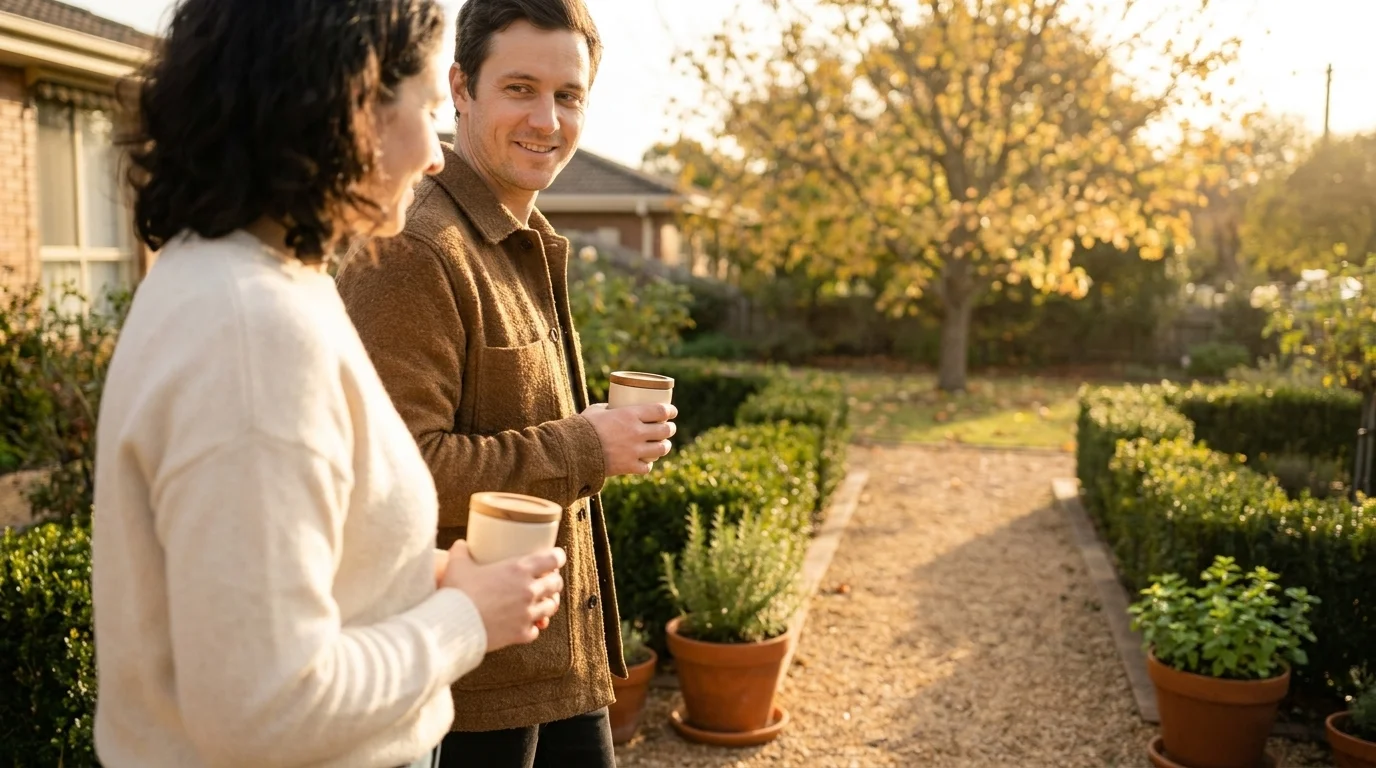 Two parents walk a garden path in golden light with cream keep-cups, boxwood hedges and terracotta herb pots at the edge