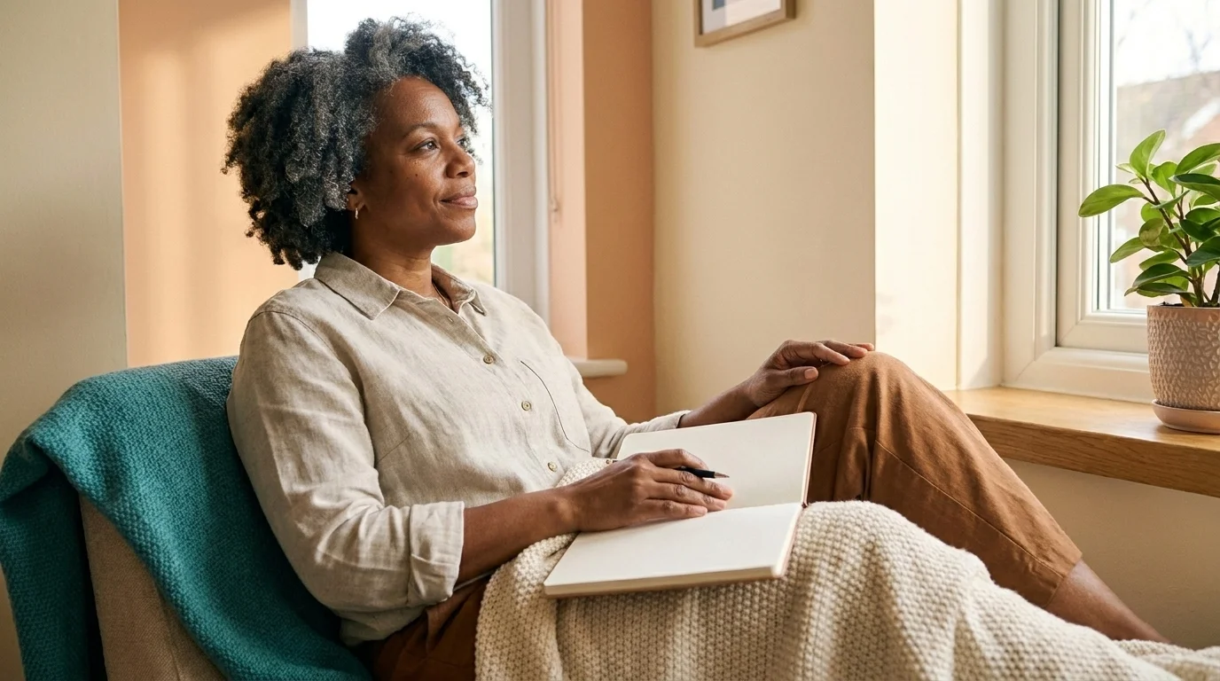 An adult sitting by a window with a notebook in their lap, mid-thought in soft afternoon light