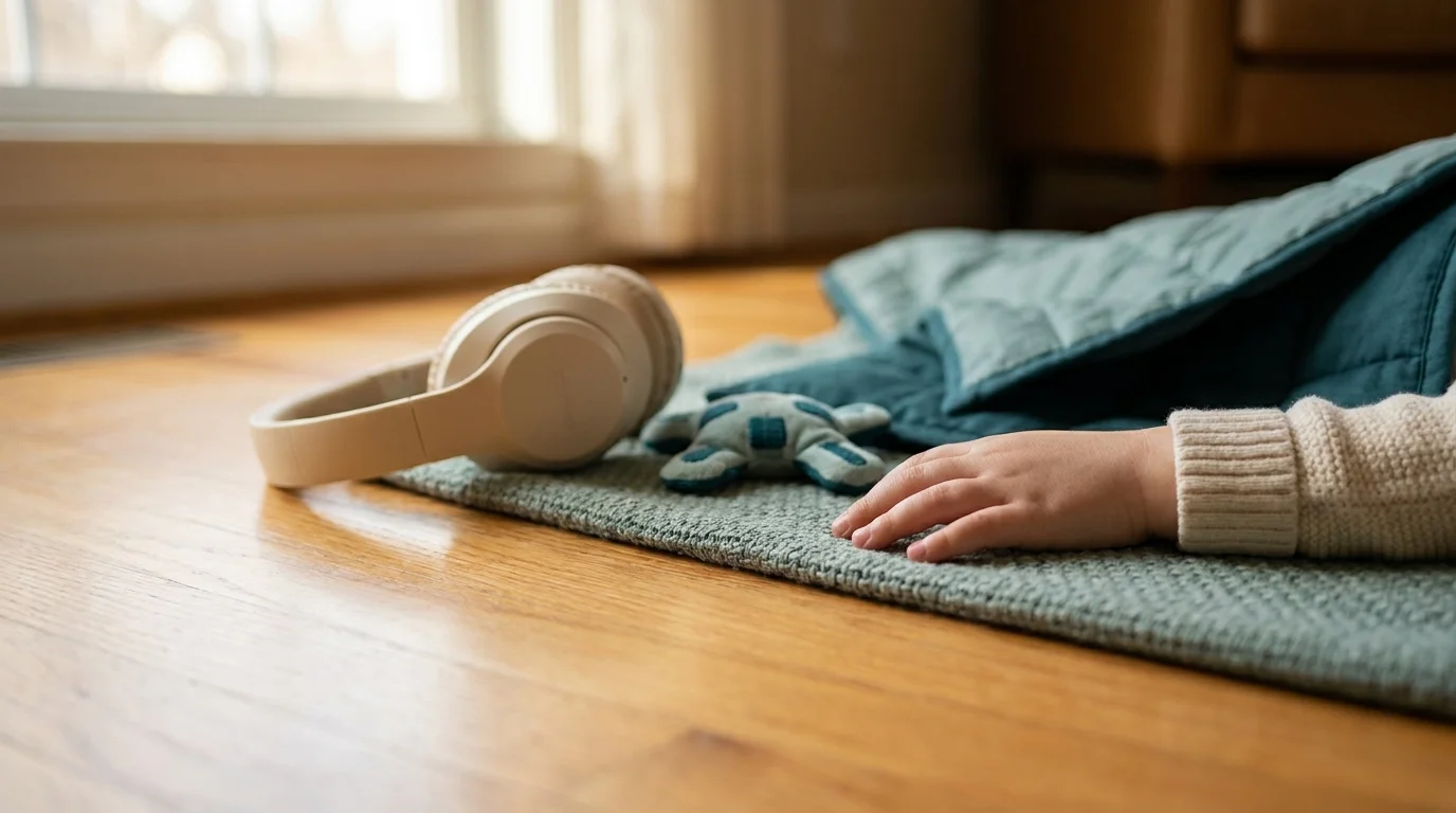 Child's hand on a soft blanket beside noise-cancelling headphones and a fidget object on a wooden surface near a window