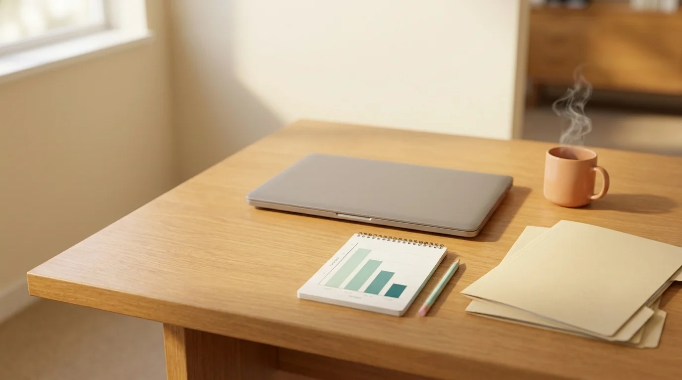 Wooden meeting table with a closed laptop, open notebook showing a bar chart, and two manila folders in soft daylight