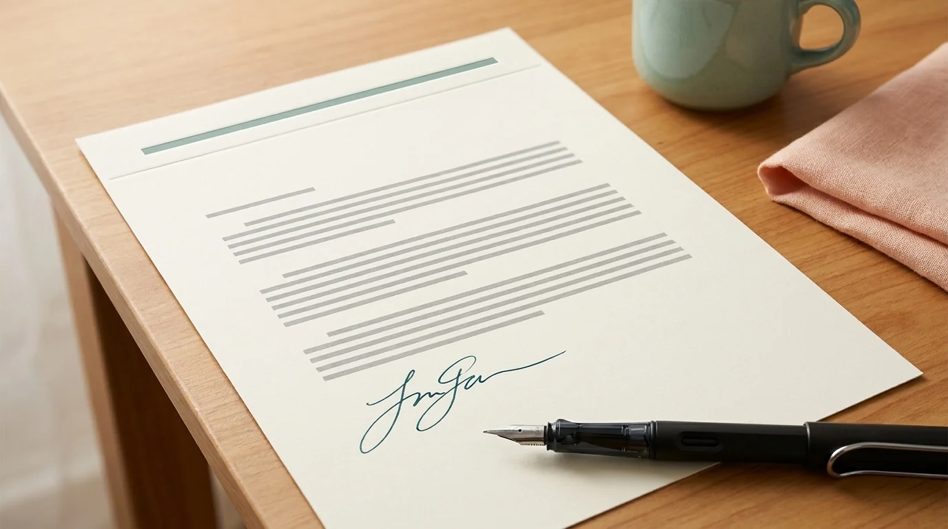 Close-up of an ADA accommodation request letter for autism friendly jobs, with a fountain pen on a warm-lit desk