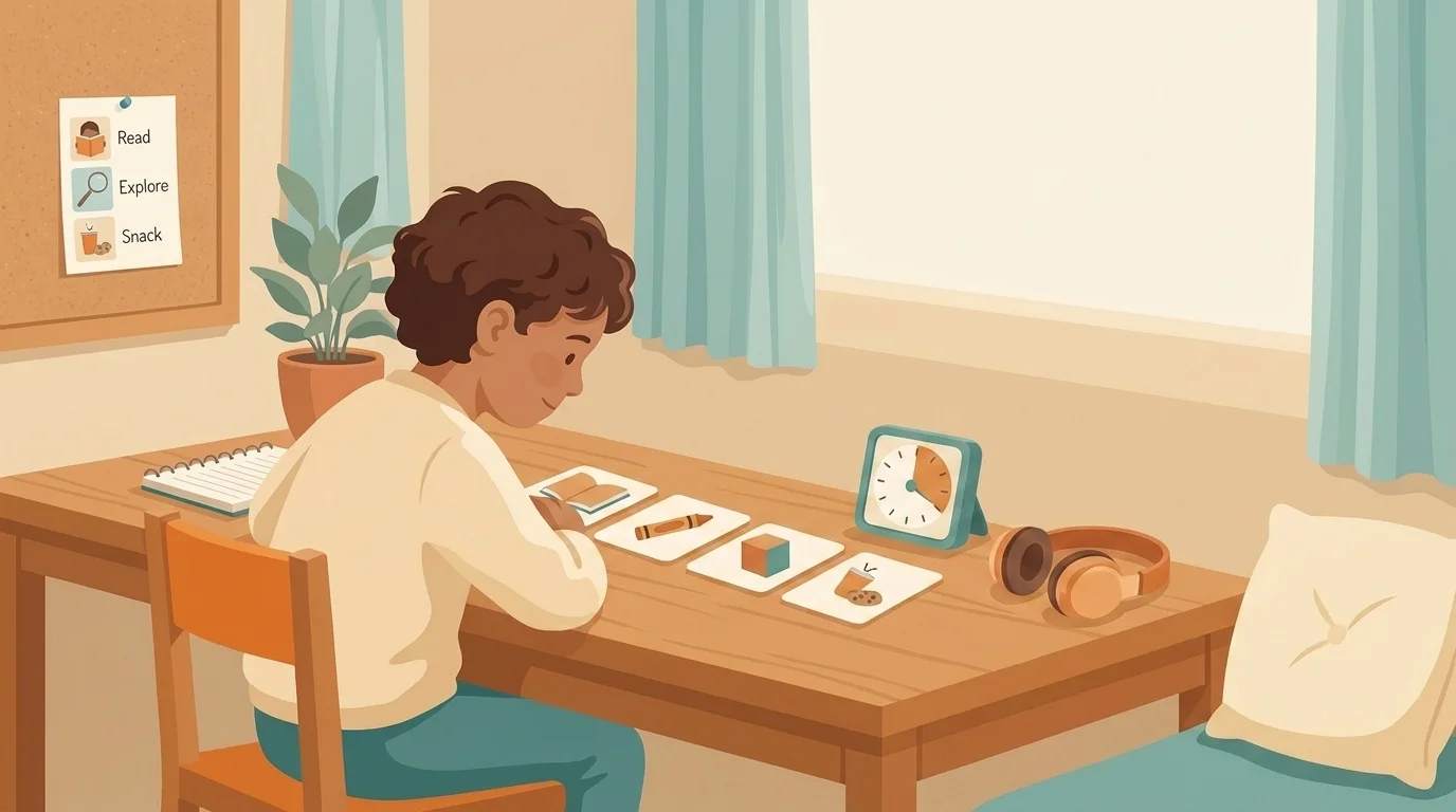 Desk with chunked task cards, a visual timer and noise-reducing headphones by a low-stim corner as a child works calmly