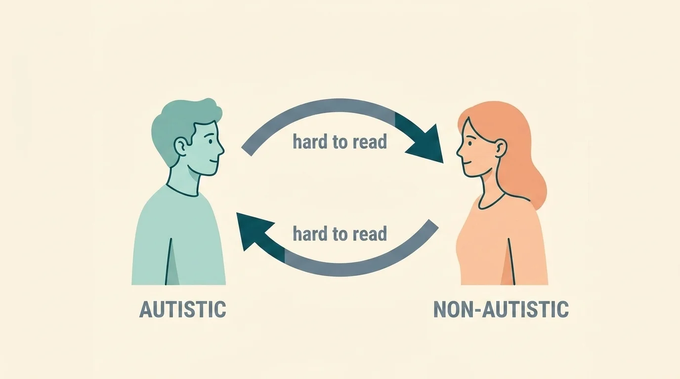 Double empathy diagram of an autistic and non-autistic person with equal two-way arrows for mutual misreading