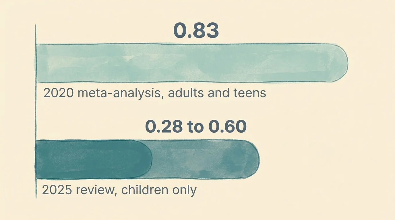 Bar chart comparing effect sizes 0.83 from 2020 adults-plus-teens meta-analysis and 0.28-0.60 from 2025 children-only review