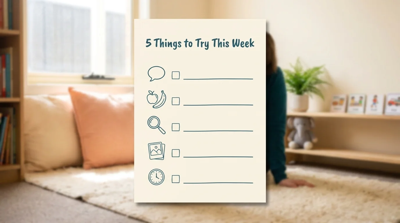 Printable card titled '5 things to try this week' with five icon tick-rows of at-home speech therapy activities