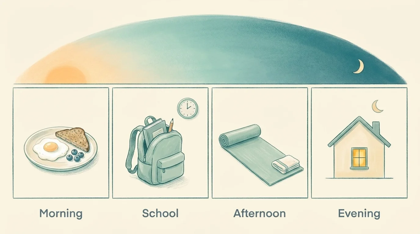 Pastel day-flow showing a morning breakfast plate, a school backpack, a yoga mat, and an evening house under a moon