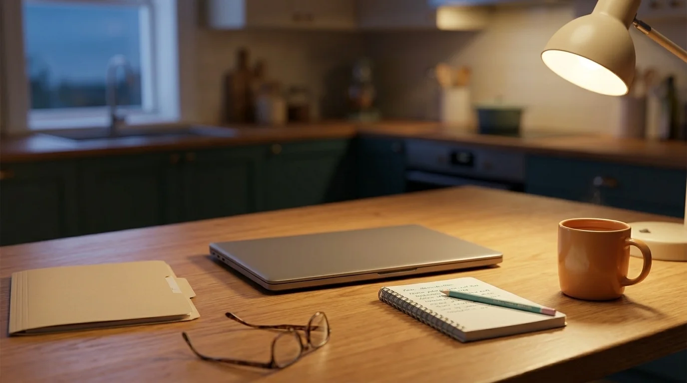 Late-afternoon kitchen table with an open notebook, a closed laptop, a manila folder, and a small mug under a warm lamp