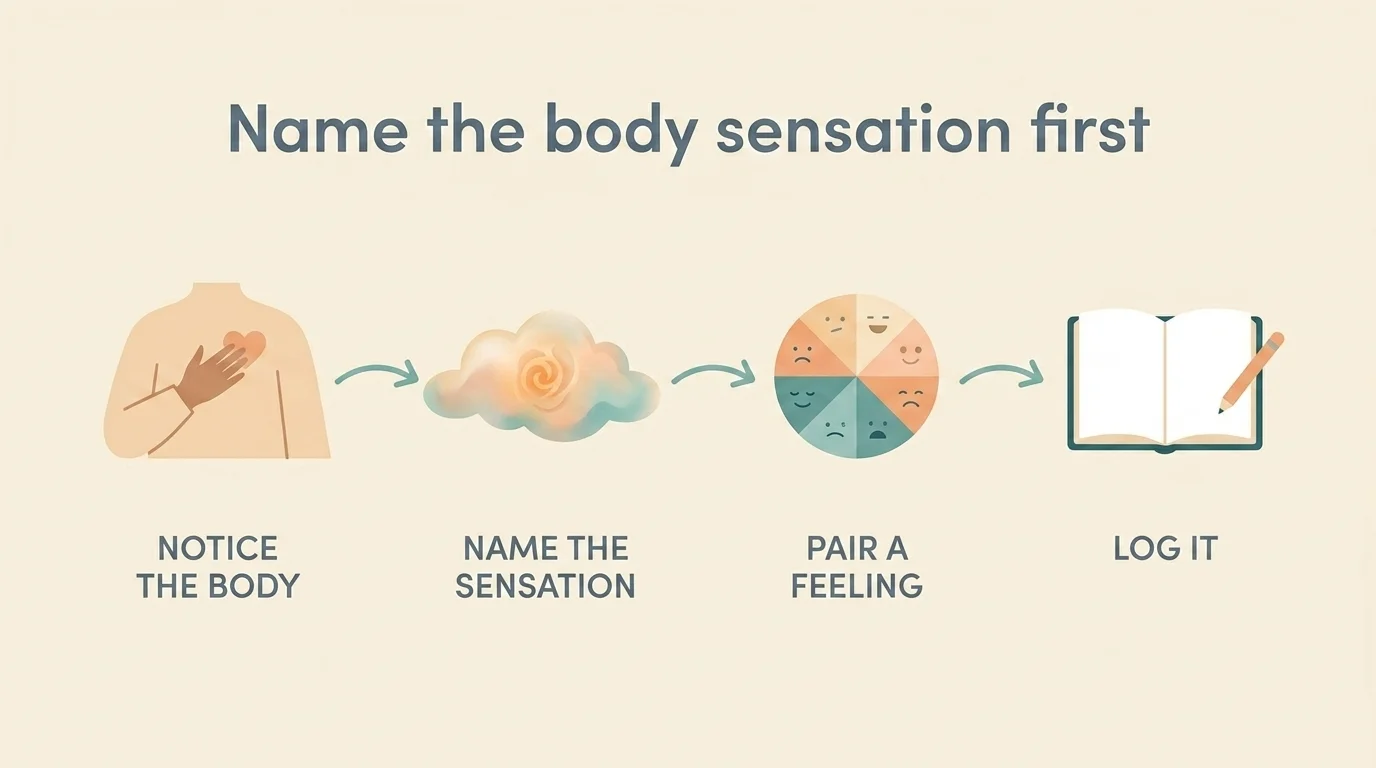 Four-step body-first toolkit graphic: notice the body, name the sensation, pair a feeling, then log it